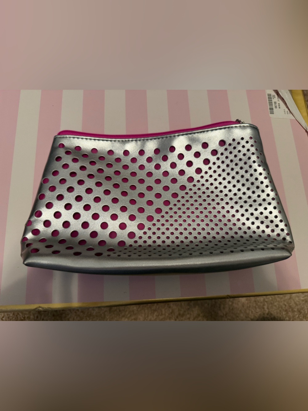 Clinique | Silver & Pink Perforated Cosmetic Pouch